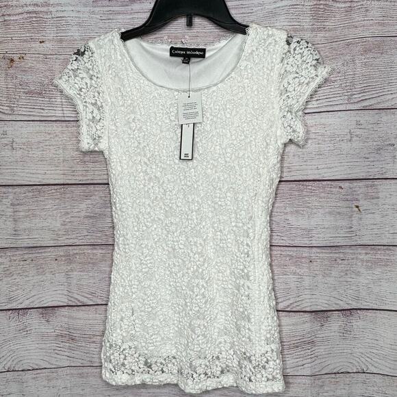 Catherine Malandrino White Lace Y2K Trendy Crinkle Short Sleeve Top Size XS New - Picture 3 of 6